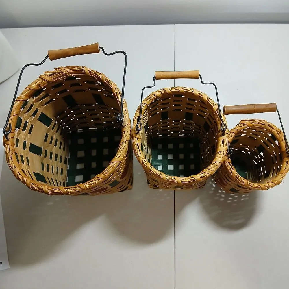 Set of 3 Hand Woven Rattan Wicker Apple Themed Baskets with Wood & Metal Handles